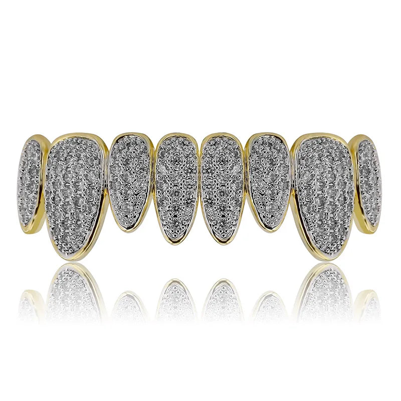 Silver Color Iced Out Gold Grillz Crystal Jewelry Top Bottom Grills 8Teeth Body Jewelry Hip Hop Bling AAA Cubic Zircon Men
