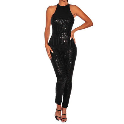 Sequin Off Shoulder Women Jumpsuit O-neck Sleeveless Casual Rompers