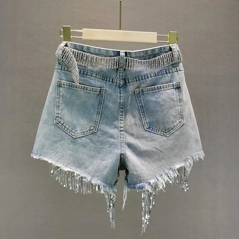 Elegant Shorts Lady Tassel Beading High Waist Wide Leg Denim Casual Solid Shorts Jeans