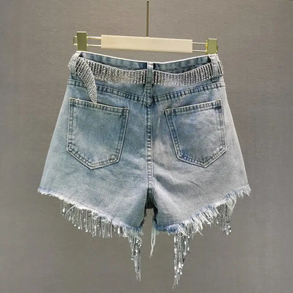 Elegant Shorts Lady Tassel Beading High Waist Wide Leg Denim Casual Solid Shorts Jeans