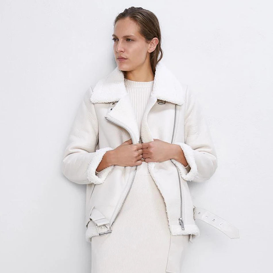 Thick and warm faux leather jacket Coat women's beige long-sleeved belt jacket women 2025 winter fashion new streetwear Tops