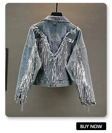 Denim Jacket Female Light Blue Diamond Tassel Coat Single-Breasted Open Back Women Jeans Coat