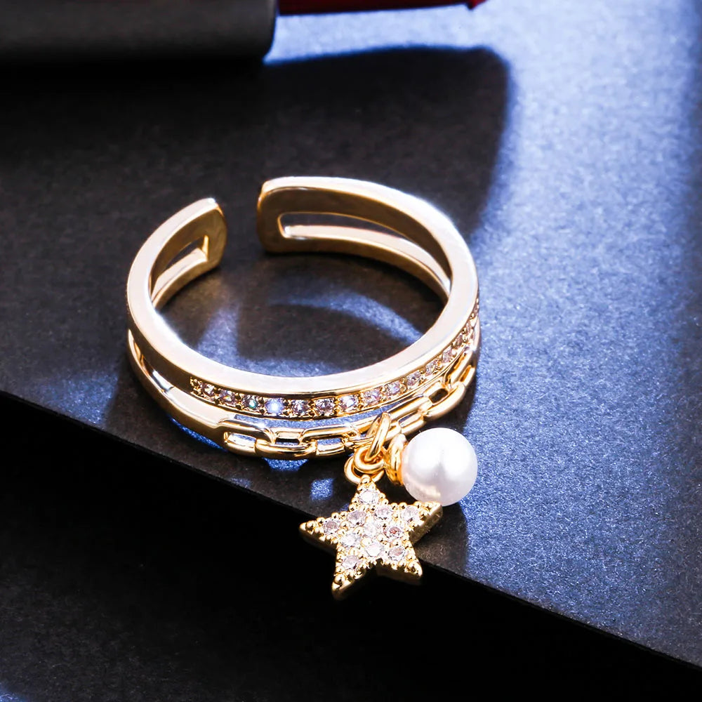 Resizable Pearl and Star Pendant Copper Rings For Women 2 Layer Zircon Female Open Finger Rings For Girlfriend Valentines Gift - Fashionqueene.com