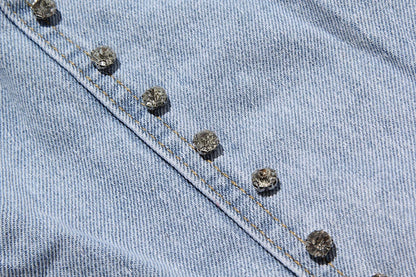 Denim Jacket Female Light Blue Diamond Tassel Coat Single-Breasted Open Back Women Jeans Coat