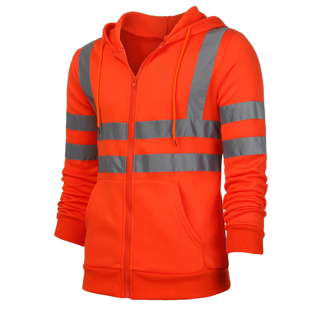 Men Reflective Stripe Hooded Jacket Patchwork Hoodies Road Work High Visibility Pullover Workwear