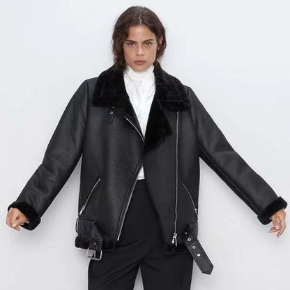 Thick and warm faux leather jacket Coat women's beige long-sleeved belt jacket women 2025 winter fashion new streetwear Tops
