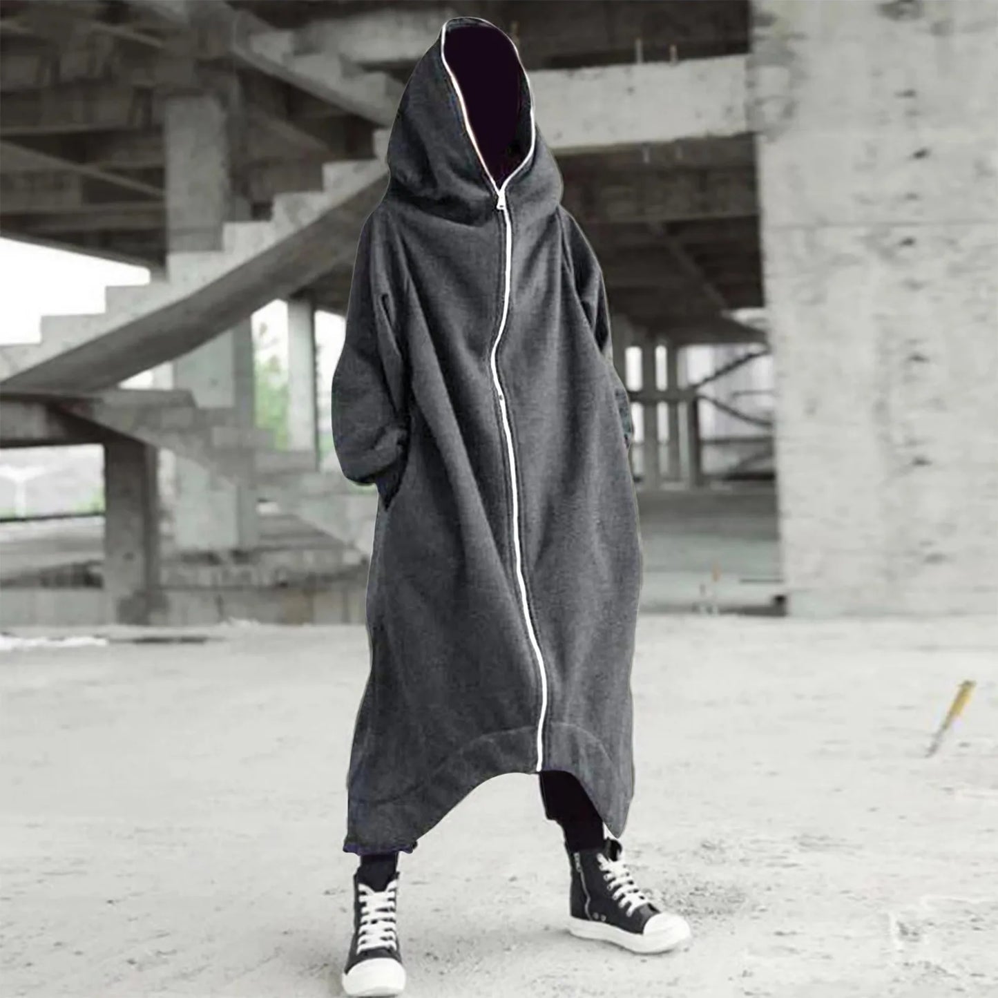 Long Sweatshirt Coat Gothic Streetwear Loose Zipper Jackets Casual Fleece Male Hooded Coat