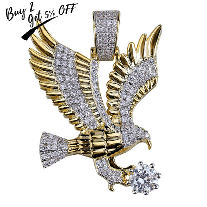 Hip Hop Gold Color Plated Copper Iced Out CZ Eagle Pendant Necklace Charm Franco Chain / 24inch / United States Franco Chain / 20inch / United States 