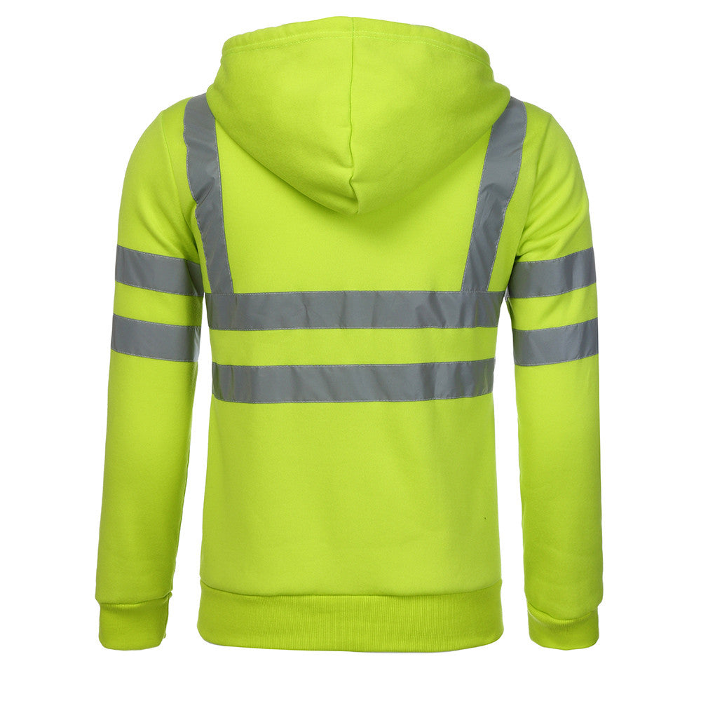 Men Reflective Stripe Hooded Jacket Patchwork Hoodies Road Work High Visibility Pullover Workwear