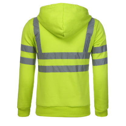 Men Reflective Stripe Hooded Jacket Patchwork Hoodies Road Work High Visibility Pullover Workwear