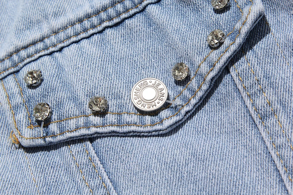 Denim Jacket Female Light Blue Diamond Tassel Coat Single-Breasted Open Back Women Jeans Coat