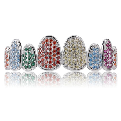 Silver Color Iced Out Gold Grillz Crystal Jewelry Top Bottom Grills 8Teeth Body Jewelry Hip Hop Bling AAA Cubic Zircon Men