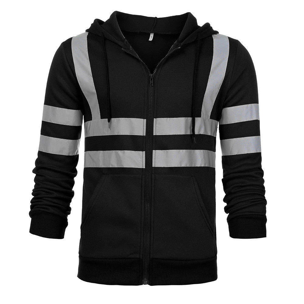 Men Reflective Stripe Hooded Jacket Patchwork Hoodies Road Work High Visibility Pullover Workwear