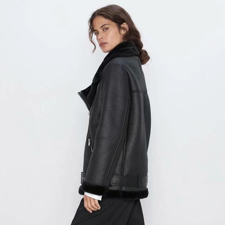 Thick and warm faux leather jacket Coat women's beige long-sleeved belt jacket women 2025 winter fashion new streetwear Tops