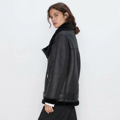 Thick and warm faux leather jacket Coat women's beige long-sleeved belt jacket women 2025 winter fashion new streetwear Tops