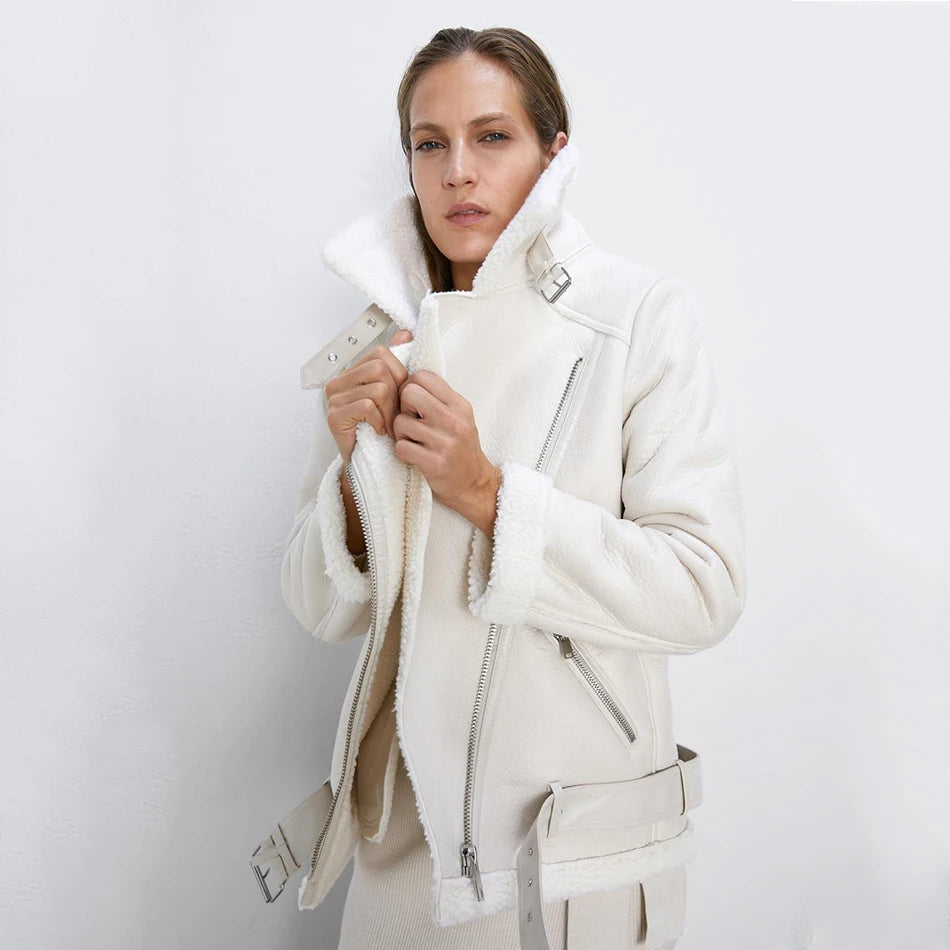 Thick and warm faux leather jacket Coat women's beige long-sleeved belt jacket women 2025 winter fashion new streetwear Tops