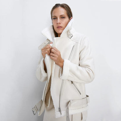 Thick and warm faux leather jacket Coat women's beige long-sleeved belt jacket women 2025 winter fashion new streetwear Tops