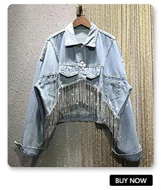 Denim Jacket Female Light Blue Diamond Tassel Coat Single-Breasted Open Back Women Jeans Coat