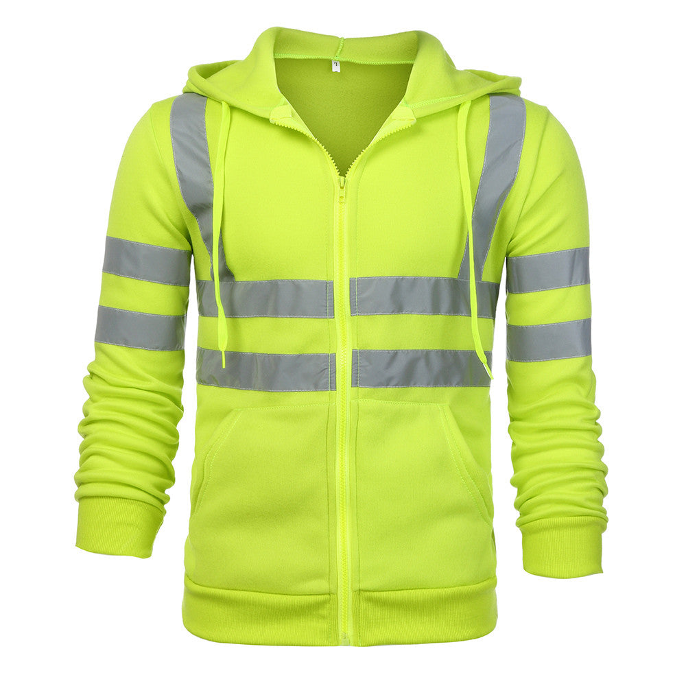 Men Reflective Stripe Hooded Jacket Patchwork Hoodies Road Work High Visibility Pullover Workwear