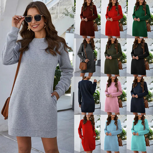 Autumn Winter O Neck Long Sleeve Women's Sweatshirt Dress  Solid Loose Pocket