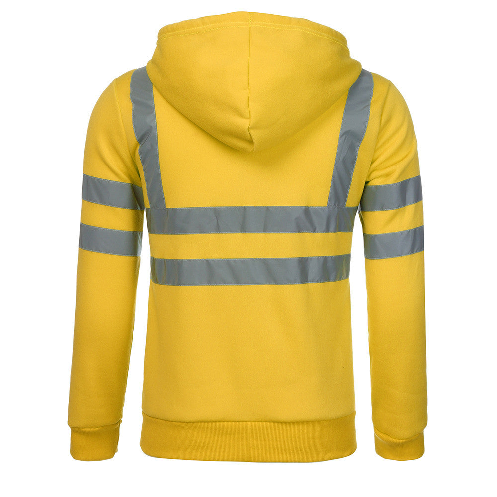 Men Reflective Stripe Hooded Jacket Patchwork Hoodies Road Work High Visibility Pullover Workwear