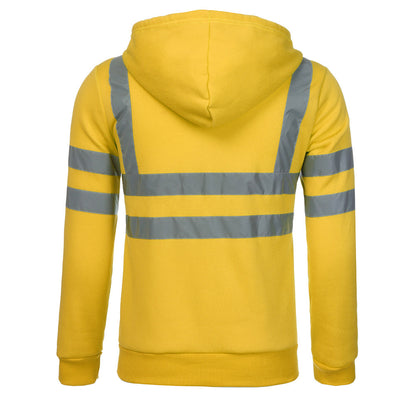 Men Reflective Stripe Hooded Jacket Patchwork Hoodies Road Work High Visibility Pullover Workwear