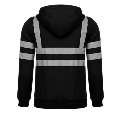 Men Reflective Stripe Hooded Jacket Patchwork Hoodies Road Work High Visibility Pullover Workwear