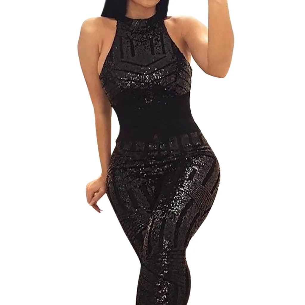 Sequin Off Shoulder Women Jumpsuit O-neck Sleeveless Casual Rompers