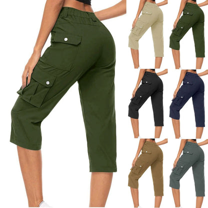 High Waist Cargo Capris Pants Casual Drawstring Hiking Pockets Cropped - Fashionqueene.com-ladies capris