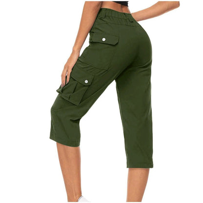 High Waist Cargo Capris Pants Casual Drawstring Hiking Pockets Cropped - Fashionqueene.com-ladies capris