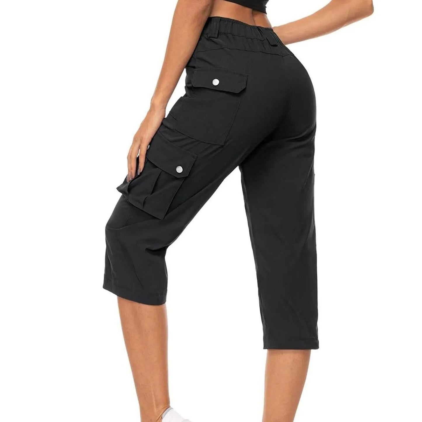 High Waist Cargo Capris Pants Casual Drawstring Hiking Pockets Cropped - Fashionqueene.com-ladies capris