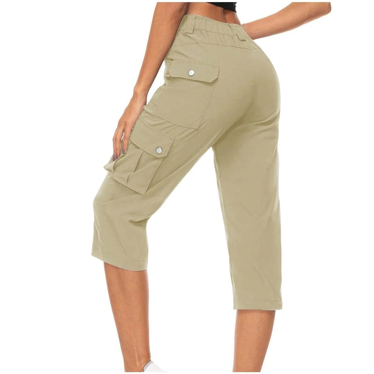 High Waist Cargo Capris Pants Casual Drawstring Hiking Pockets Cropped - Fashionqueene.com-ladies capris