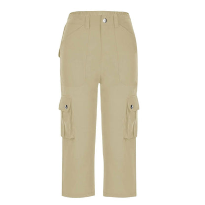 High Waist Cargo Capris Pants Casual Drawstring Hiking Pockets Cropped - Fashionqueene.com-ladies capris