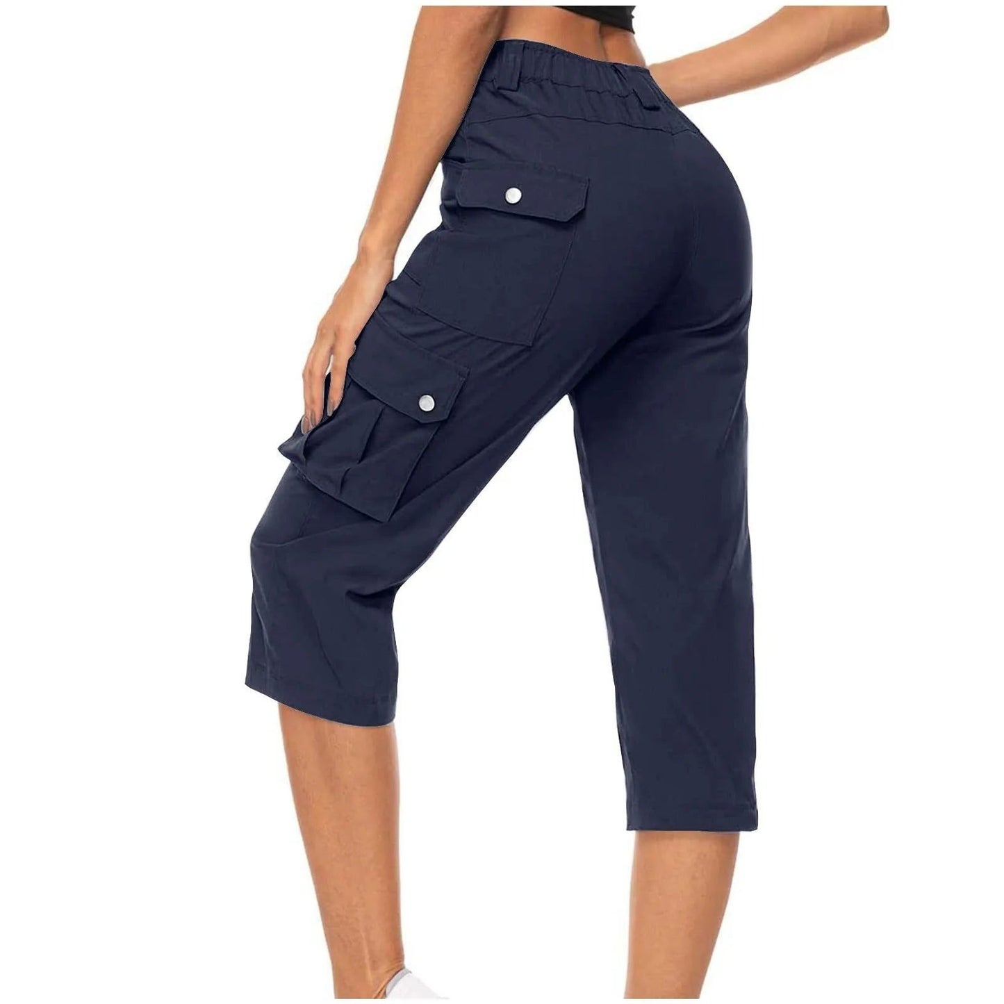 High Waist Cargo Capris Pants Casual Drawstring Hiking Pockets Cropped - Fashionqueene.com-ladies capris