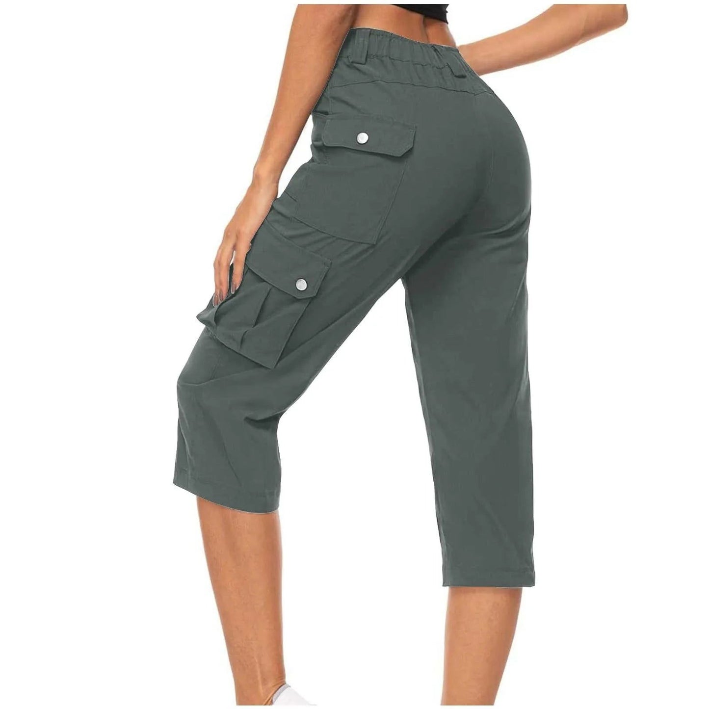 High Waist Cargo Capris Pants Casual Drawstring Hiking Pockets Cropped - Fashionqueene.com-ladies capris