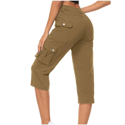 High Waist Cargo Capris Pants Casual Drawstring Hiking Pockets Cropped - Fashionqueene.com-ladies capris