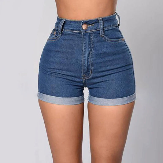 High Waist Denim Shorts Zipper Button Casual Rolled Edge Slim Fit Jeans Casual Streetwear - Fashionqueene.com-ladies shorts