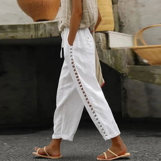 High Waist Pants Drawstring Capri Pants With Pockets Wide Leg - Fashionqueene.com-ladies pants