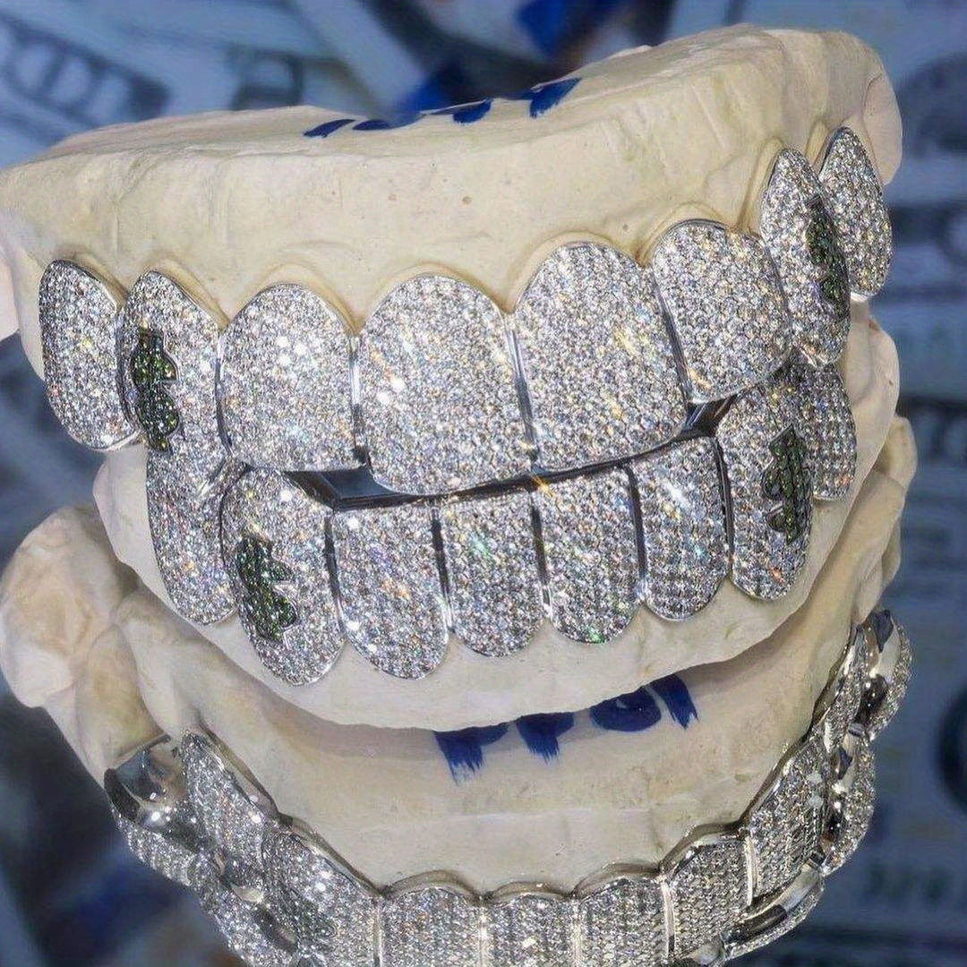 Hip Hop Silvery Golden Iced Mouth Freezing Out Simulated 8 Top and Bottom AAA Plus Cubic Zirconia Tooth Grills for Teeth - Fashionqueene.com-grill diamond teeth