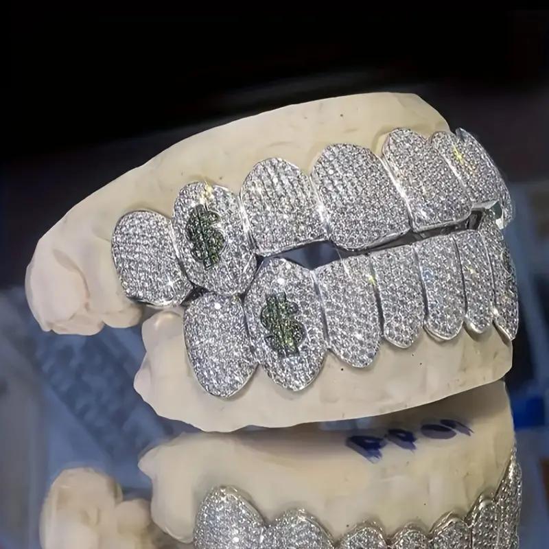 Hip Hop Silvery Golden Iced Mouth Freezing Out Simulated 8 Top and Bottom AAA Plus Cubic Zirconia Tooth Grills for Teeth - Fashionqueene.com-grill diamond teeth