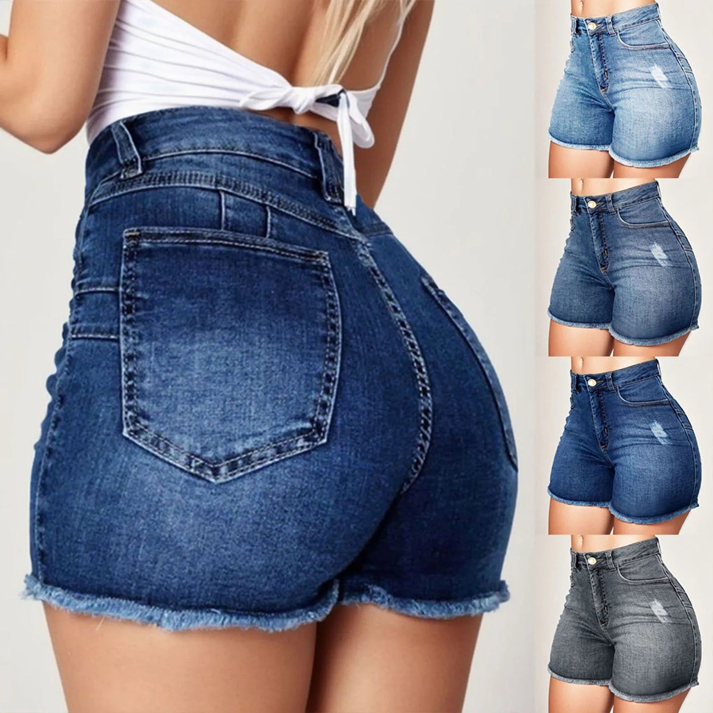 Hot Pants Sexy Women High Waist Denim Shorts Raw Edge Wrapped Hip Stretchy Shorts Summer Retro Ripped Jeans Solid Streetwear - Fashionqueene.com-ladies shorts