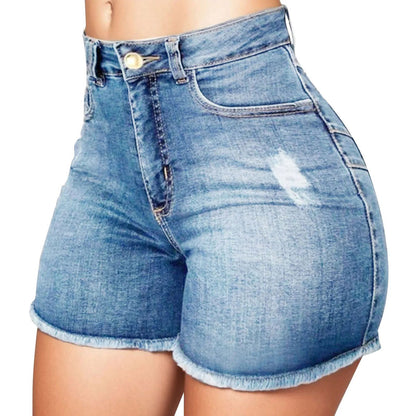 Hot Pants Sexy Women High Waist Denim Shorts Raw Edge Wrapped Hip Stretchy Shorts Summer Retro Ripped Jeans Solid Streetwear - Fashionqueene.com-ladies shorts