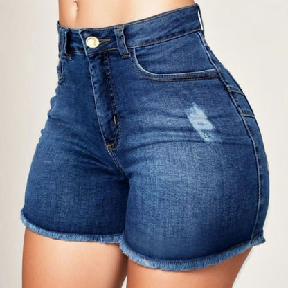 Hot Pants Sexy Women High Waist Denim Shorts Raw Edge Wrapped Hip Stretchy Shorts Summer Retro Ripped Jeans Solid Streetwear - Fashionqueene.com-ladies shorts