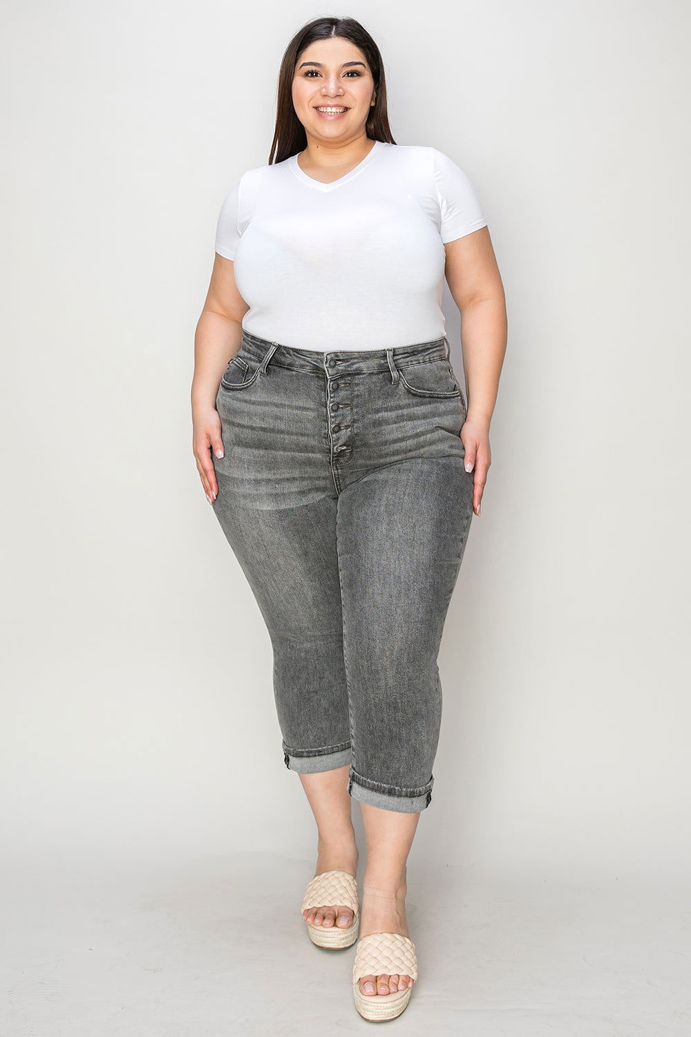 Judy Blue Full Size Button Fly High Waist Cuffed Capris - Fashionqueene.com-Plus jeans