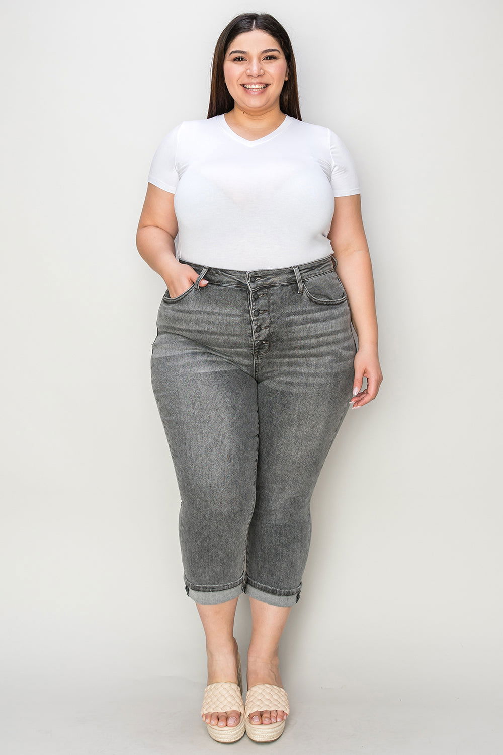 Judy Blue Full Size Button Fly High Waist Cuffed Capris - Fashionqueene.com-Plus jeans