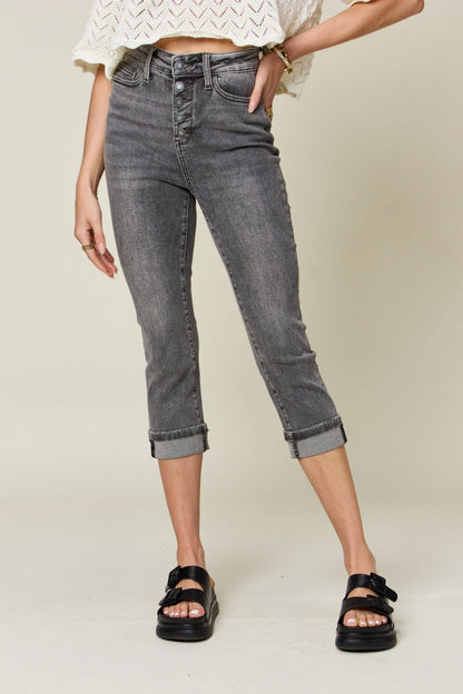 Judy Blue Full Size Button Fly High Waist Cuffed Capris - Fashionqueene.com-Plus jeans