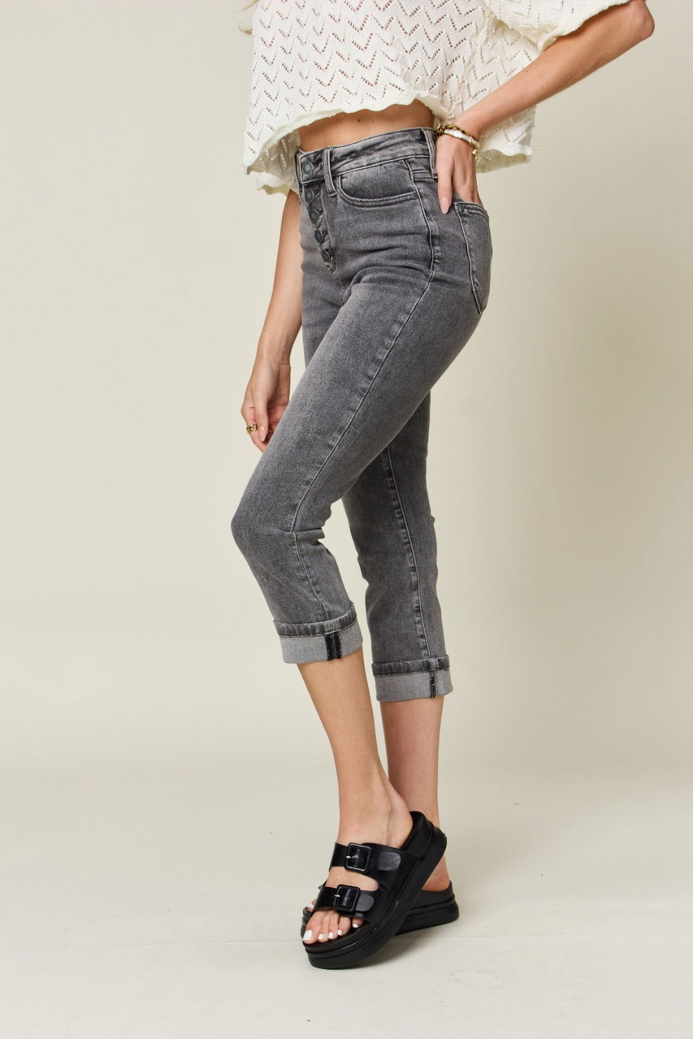 Judy Blue Full Size Button Fly High Waist Cuffed Capris - Fashionqueene.com-Plus jeans