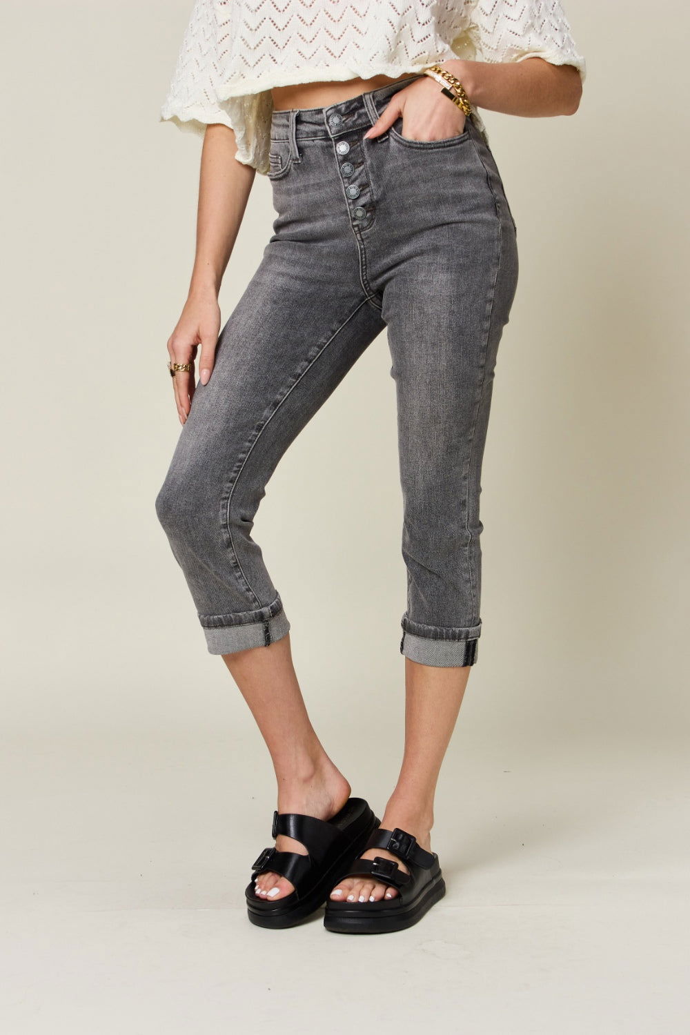 Judy Blue Full Size Button Fly High Waist Cuffed Capris - Fashionqueene.com-Plus jeans