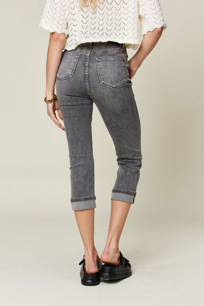 Judy Blue Full Size Button Fly High Waist Cuffed Capris - Fashionqueene.com-Plus jeans