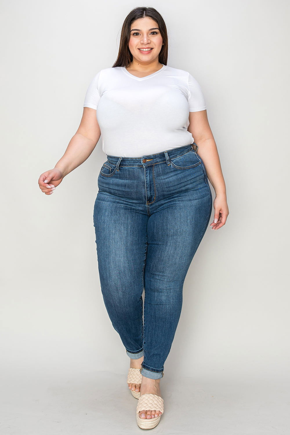 Judy Blue Full Size Cuffed Hem Low Waist Skinny Jeans - Fashionqueene.com-Judy Blue Full Size Cuffed Hem Low Waist Skinny Jeans